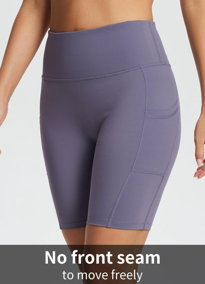 baleaf Biker Shorts Women Yoga Gym Workout Spandex Running Volleyball Tummy Control Compression with Pockets Soft 8" Purple XS