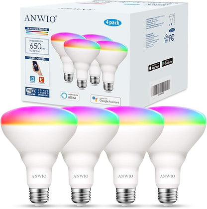 ANWIO Smart Light Bulb BR30 RGB Color Changing LED WiFi Dimmable Multicolor Light Bulbs E26 Base, Compatible with Alexa, Google Assistant, No Hub Required, 650 Lumen 8.5W (60W Equivalent) 4 Pack