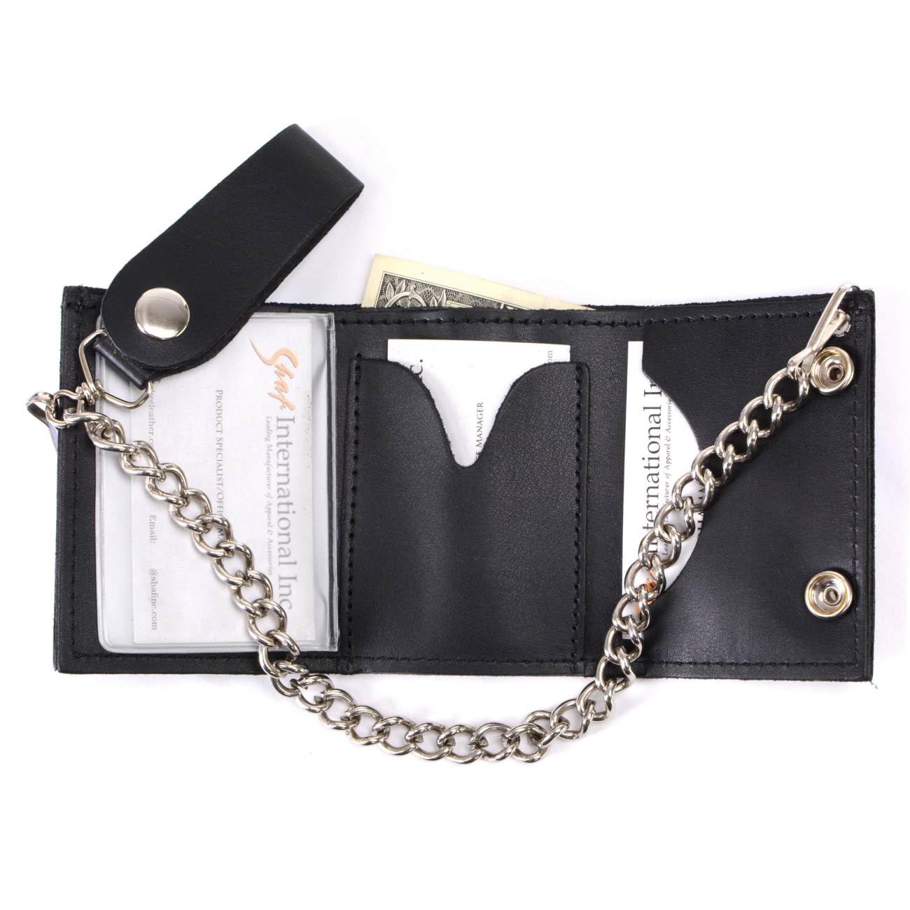 Milwaukee Leather MLW7831 Men's 4" Classic Black Plain Genuine Leather Tri-Fold Biker Wallet w/Anti-Theft Stainless Steel Chain - One Size