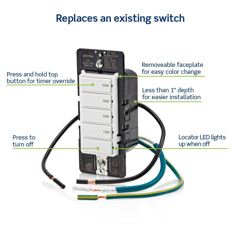 Leviton Countdown Timer Switch for bathroom fan and household lights, 5-10-15-30 min, No Neutral Required, Single Pole, 15A, 1/2 HP/9.8A Fan/Motor, DT130-1LW, White