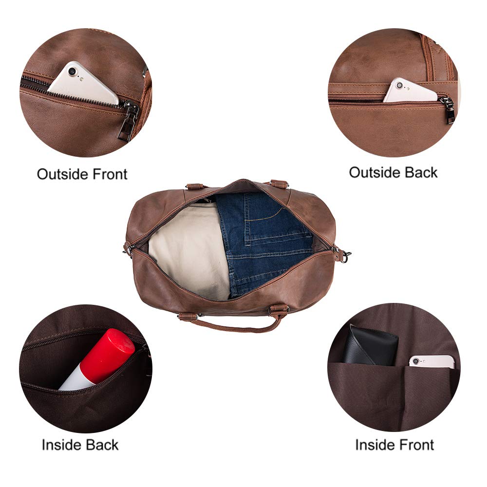 Leather Travel Bag with Shoe Pouch,Weekender Overnight Bag Waterproof PU Leather Large Carry On Bag Travel Tote Duffel Bag for Men or Women-Brown