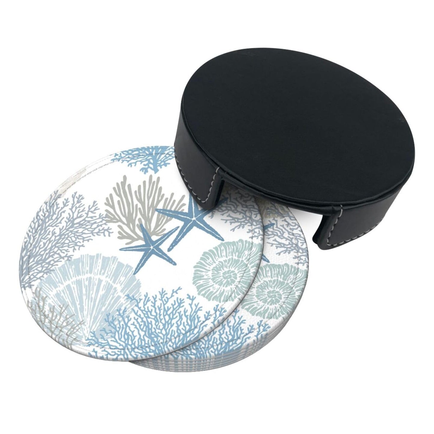 Nautical Sea Shell Star Coral Coastal Coasters for Drinks Round Leather Coaster with Holder Set of 6 for Tabletop Protection Desk Accessories Office Home Room Decor