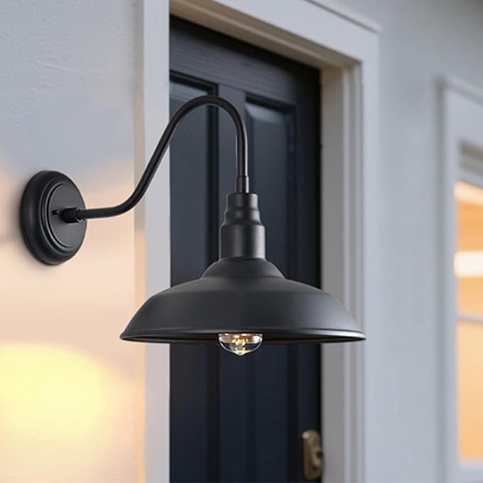 Gooseneck Barn Light with 14in Dome, 4 Pack Large Exterior Farmhouse Light with Wall Mount, Black Outdoor Wall Sconce for Porch Garage Door