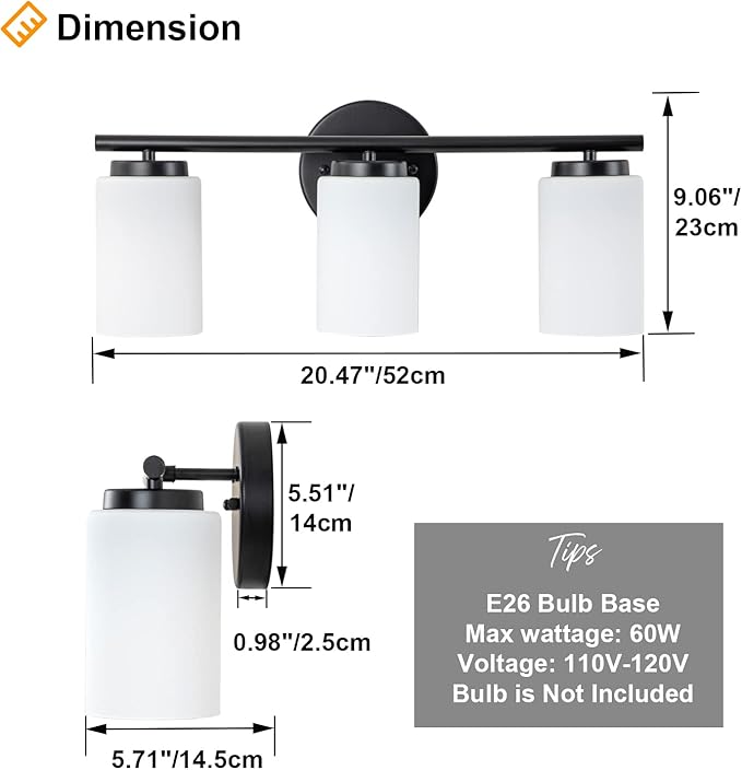 3-Light Bathroom Vanity Lighting Fixture, Industrial Black Wall Light Sconce Frosted Milky White Glass Shade