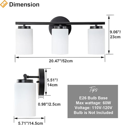 3-Light Bathroom Vanity Lighting Fixture, Industrial Black Wall Light Sconce Frosted Milky White Glass Shade