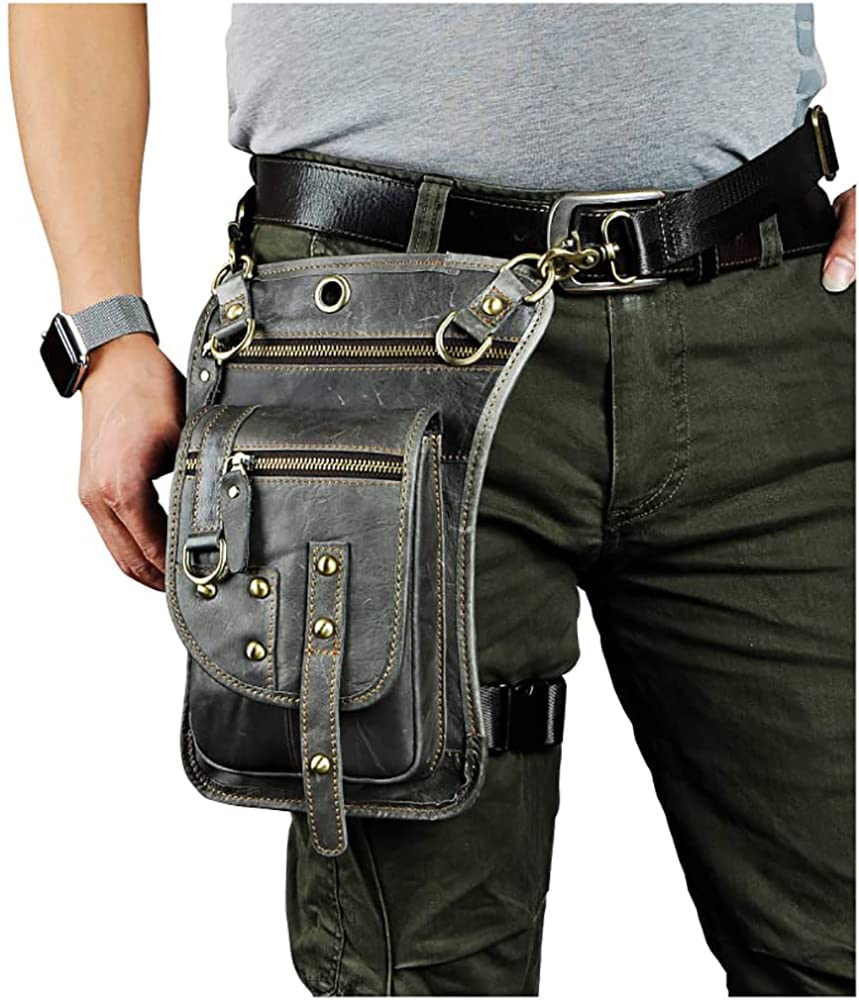Le'aokuu Mens Genuine Leather Outdoor Sporting Hicking Waist Hip Pack Sling Messenger Shoulder Drop Leg Thigh Bag Pouches For Women (2141 2 Grey)