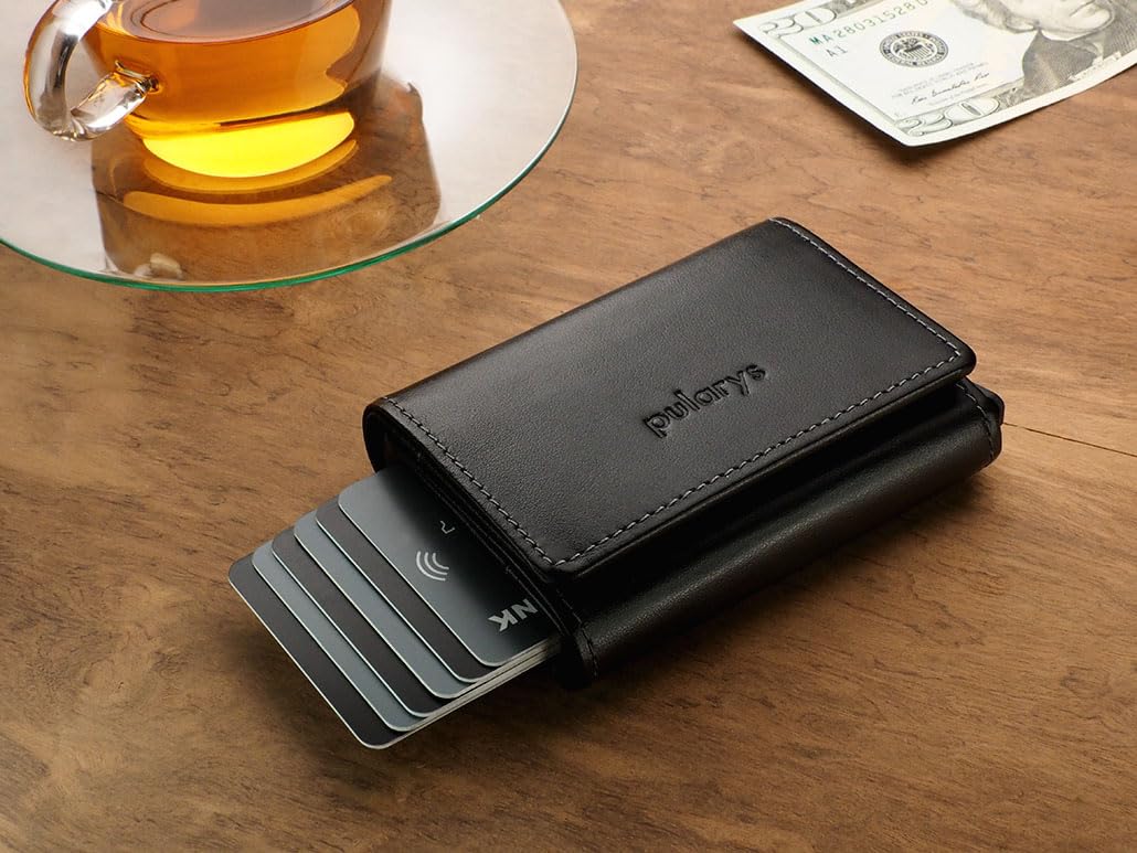 PULARYS Mini Wallet BOSTON - Multifunckion Credit Card Case - Italian Leather - RFID blocking - Size: 7.5 x 9.5 x 2.5 cm - Space for up to 10 Cards - Snap Fastener - Classic Design