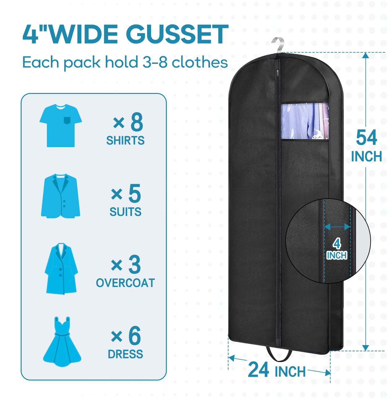 KIMBORA 54" Garment Bag for Travel, Gusseted Suit Bags for Men With Handle Garment Bags for Hanging Clothes Storage Suit Cover for Dress, Coats, Jackets, Shirts