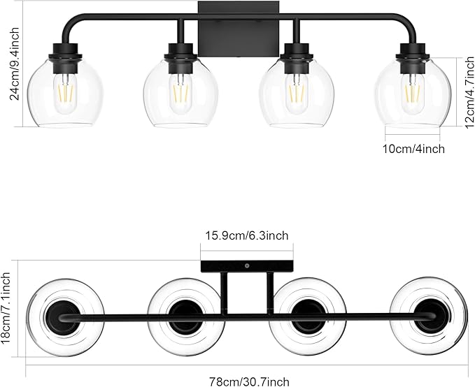 Tipace Industrial Bathroom Vanity Lighting Fixtures 4-Lights Vintage Black Finish with Globe Clear Glass Vanity Lights Farmhouse Bath Lighting(Exclude Bulb)