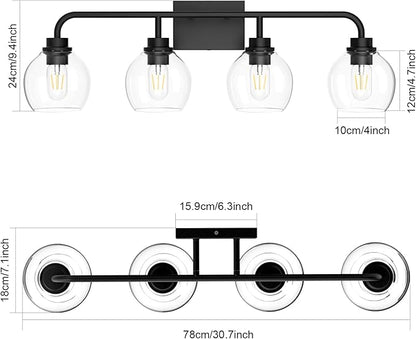 Tipace Industrial Bathroom Vanity Lighting Fixtures 4-Lights Vintage Black Finish with Globe Clear Glass Vanity Lights Farmhouse Bath Lighting(Exclude Bulb)