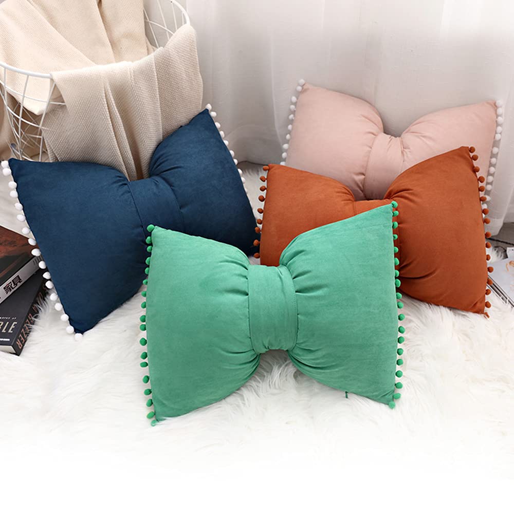 YDBDAT Velvet Soft Decorative Throw Pillow Covers with Pom Poms Christmas Cushion Pillow Cases Bow Lumbar Pillow Covers for Sofa Bed Couch Living Room 14 x 20 Decor Green
