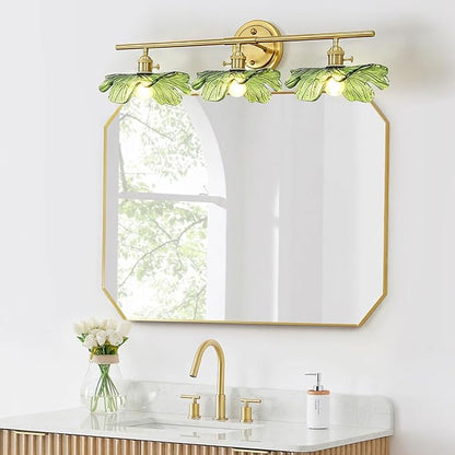 3 Light Bathroom Lighting fixtures Over Mirror, Gold brass Wall Sconce Vintage Bathroom Vanity Light Green Glass Wall Sconce mid Century Modern Wall lamp Art Deco Vanity Lights for Living Room Bedroom