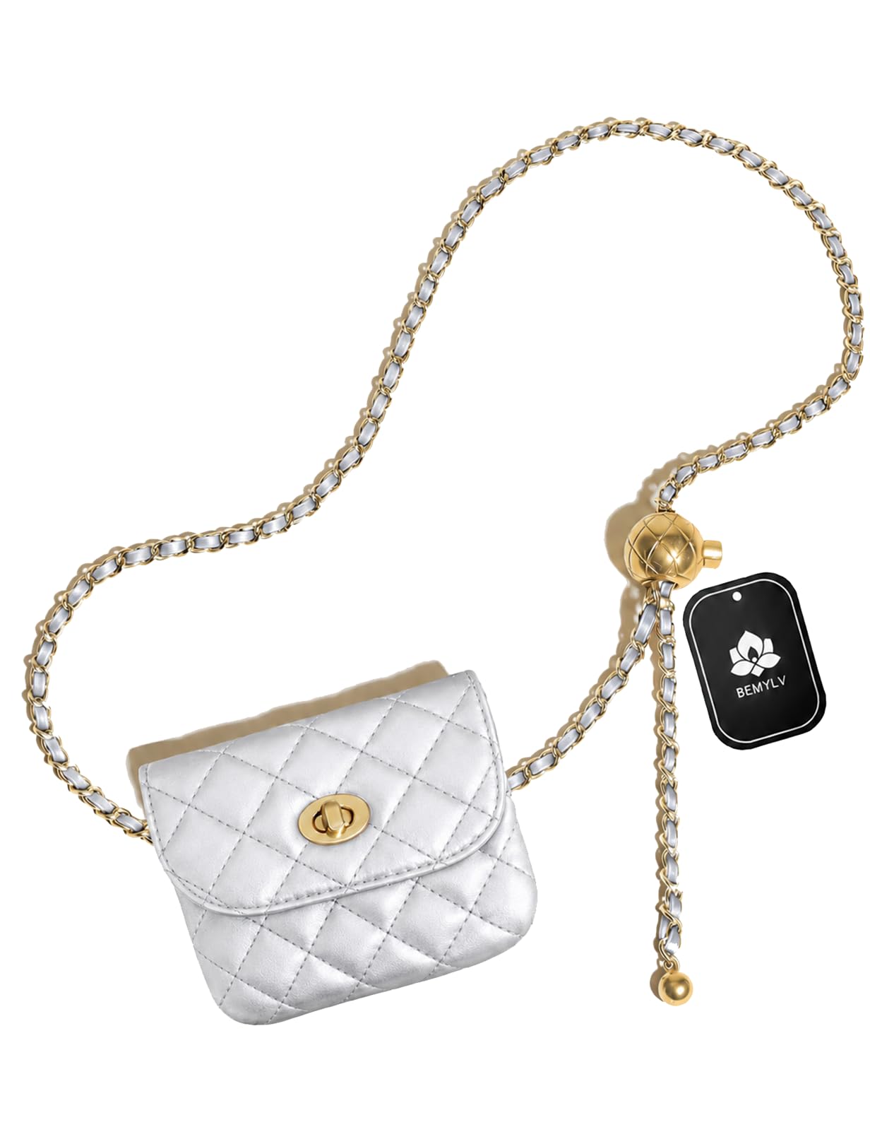 BEMYLV Leather Chain Belt Bag for Women Mini Silver Crossbody Waist Purse Fanny Pack Fashion Evening Clutch Handbag Detachable