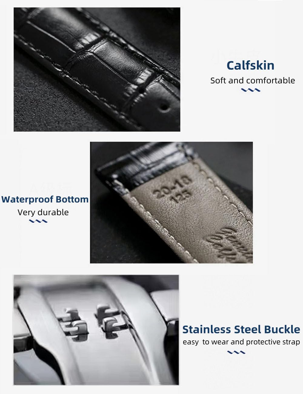 HEYOZURY Watch Bands Genuine Leather Embossed Alligator Grain Calfskin Deployment Buckle Replacement Strap for Women Men Bracelet Men's and Women's Watch Straps 14mm to 24mm