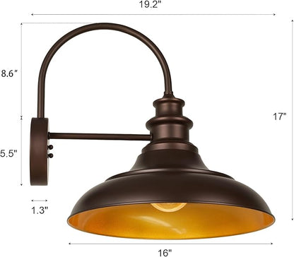 Outdoor Barn Light Fixture, 16 Inch Large Dome Farmhouse Exterior Wall Mount Light, Rustic Gooseneck Wall Sconce Indoor Wall Lighting Fixture, Industrial Bronze Gold Lantern for Porch, 1 Pack