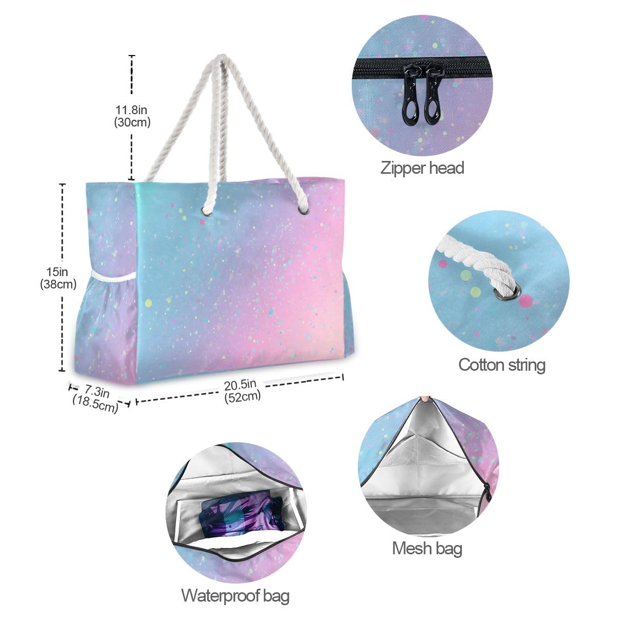 Women Large Beach Bag Unicorn Background with Rainbow Travel Tote Bags for Gym Sport Shoulder Bag