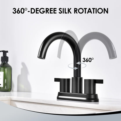 JAKARDA Two Handle 4 inch Black Bathroom Faucet, Bathroom Sink Faucet for 3 Holes with Pop-up Drain and 2 Supply Hoses, Lead-Free