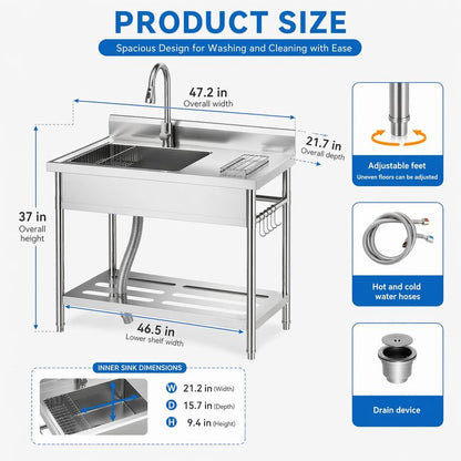 Gray Utility Sink, 47 x 22 x 37 Inch Freestanding Stainless Steel Single Bowl Laundry Sink With Pull-Down Faucet, Large Workbench Top, Modern Metallic Finish for Garage, Mudroom