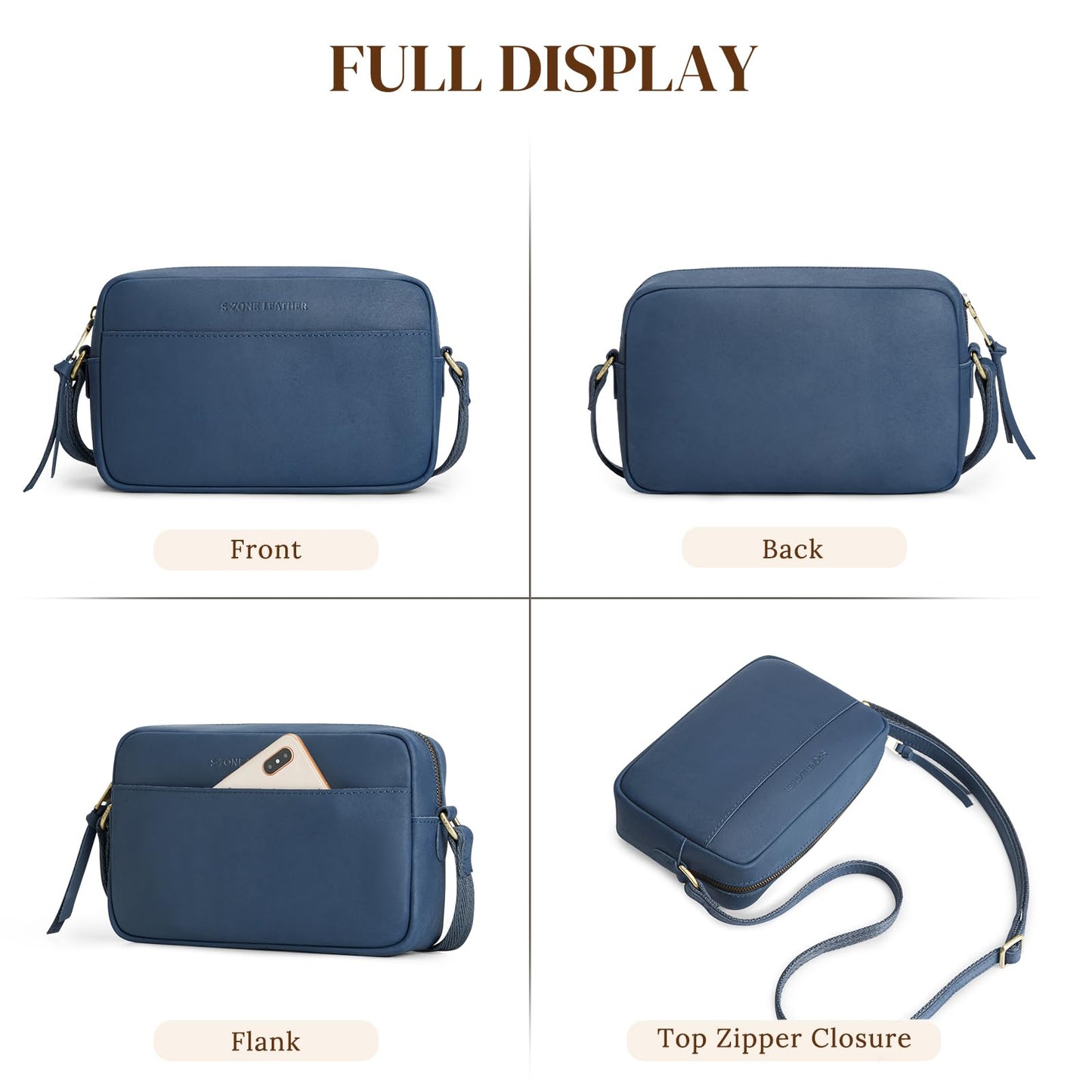 S-ZONE Crossbody Bags for Women Top Grain Leather Shoulder Handbags Camera Bag Purse Adjustable Strap Travel Daily Dark Blue