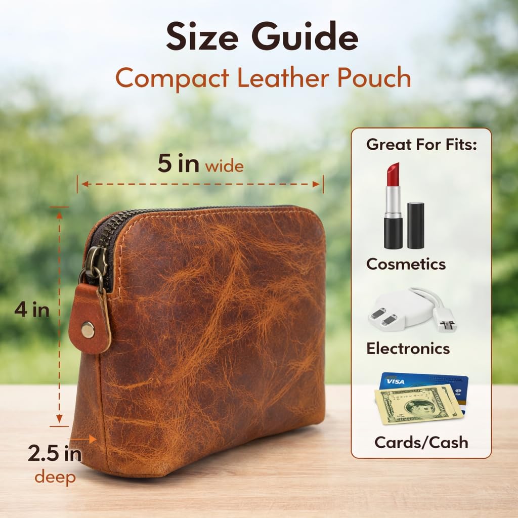 TheAntiq Full Grain Leather Cosmetic Bag – Zippered Makeup Pouch for Women, Small Travel Toiletry & Organizer Pouch for Purse, Premium Handmade Leather (5 × 4 × 2.5 in)