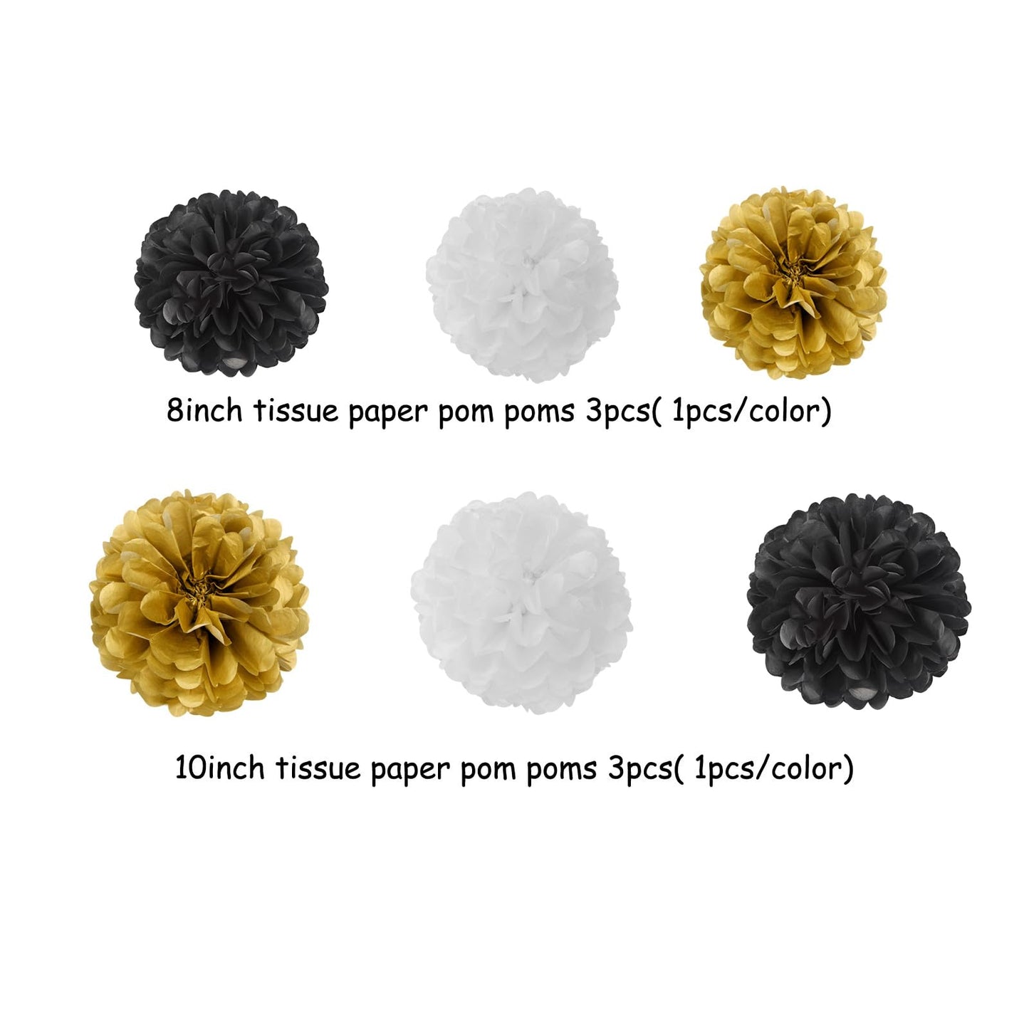 Black-White Gold Party-Decorations Graduation Banner - 8pcs Kits Class of 2026 Cap Garland Streamers, Paper Tissue Pom Poms Flowers, Congratulations Grad Decor Lasting Surprise
