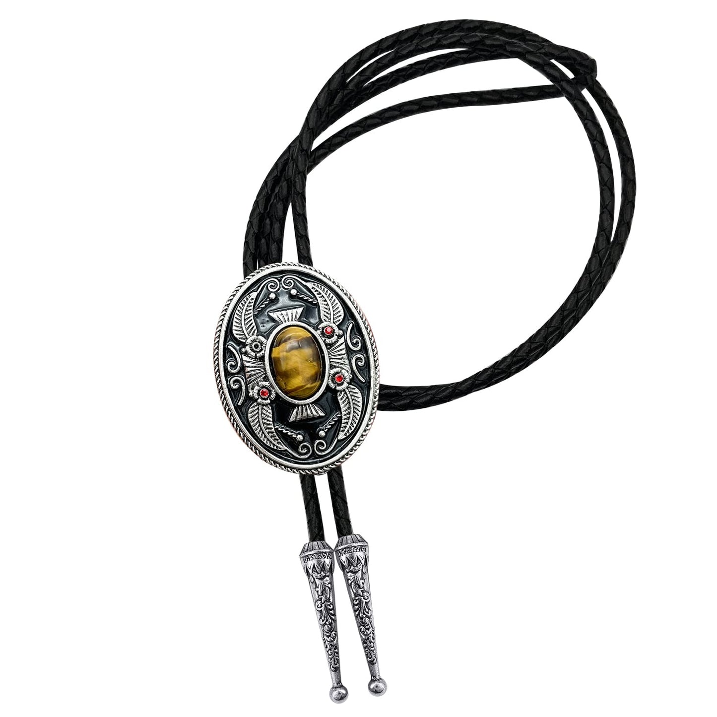 YOQUCOL Vintage Indian Art Tiger Eye Stone Black Bolo Tie American Western Cowboy Leather Necktie for Men Women