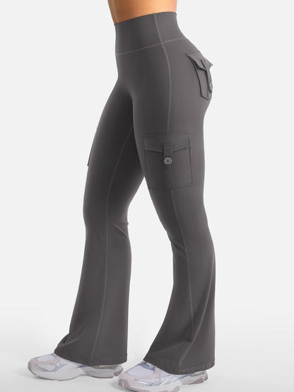 YEOREO CoreFlex Women Workout Flare Leggings with Pockets Hidden Scrunch High Waisted Cargo Gym Yoga No Front Seam Leggings Dark Grey M
