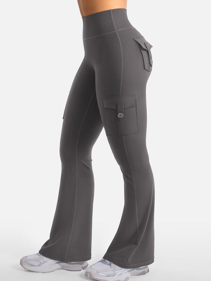 YEOREO CoreFlex Women Workout Flare Leggings with Pockets Hidden Scrunch High Waisted Cargo Gym Yoga No Front Seam Leggings Dark Grey XL