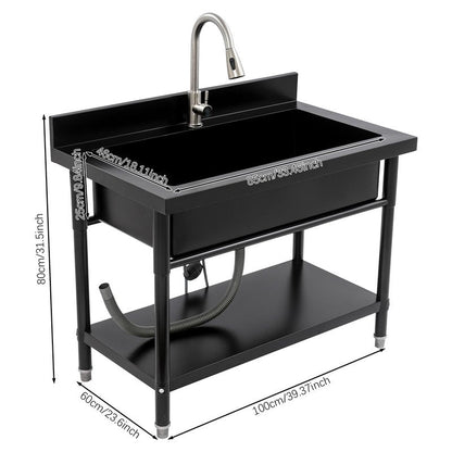 Stainless Steel Utility Sink, Freestanding Commercial Kitchen Sink with Pull-Out Faucet, Large Capacity Laundry Sink, Single Bowl Garage Sinks for Garage Basement Outdoor Indoor Use (Black)
