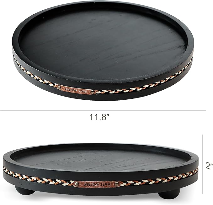 Decor Decorative Round Tray 11.81in for Home Decor for Coffee Table Farmhouse Kitchen Table Living Room Bathroom Centerpiece Tray Decor Black with Stripes