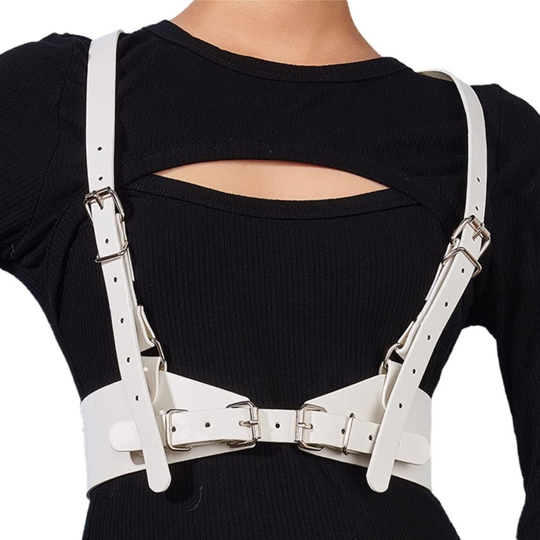 BODIY Punk Women Waist Belts White PU Leather Fashion Body Chain Belt Circle Rave Halloween Accessories Belt Adjustable Gothic