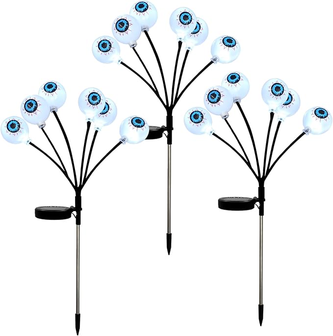 Set of 3 Halloween Eyeball Lights Outdoor Solar Pathway Lights with 18 Cool White LEDs for Garden Yard Lawn Patio Decorations