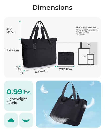 BAGSMART Tote Bag for Women, Foldable Tote Bag With Zipper Large Shoulder Bag Top Handle Handbag for Travel, Work-16.5''l X 6''wx 14''h