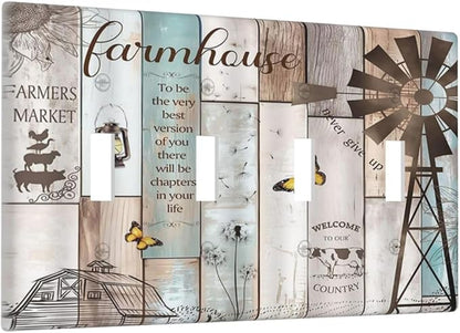 Rustic Western Farmhouse Windmill 4 Gang Decorative light switch plate Cover Vintage Barn Wooden Plank Inspirational Quote Quad Toggle Wall Plate Covers Switchplate Electrical Faceplate