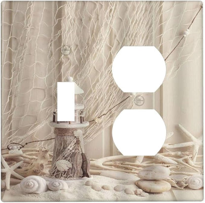 Decorative Light Switch Cover Plate Nautical Coastal Seashell Fishing Net Ocean Lighthouse Starfish 2 Gang Outlet Covers 1 Toggle 1 Duplex Wall Plate Electrical Switch Plate Covers for Bathroom Home