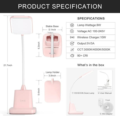 Desk Lamps for Home Office, LED Desk Lamp with Wireless Charger Pencil Holder, 3 Color Modes Dimming Desk Light for College Dorm Room, Girls Study Lamp with CRI 90+ 800 Lumen - Pink