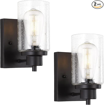 2-Pack Bath Vanity Light Fixtures Wall Sconces, Modern Indoor Bathroom Wall Lights with Seeded Glass, Black Wall Light Fixtures for Bedroom Mirror Kitchen Living Room Entryway Patio