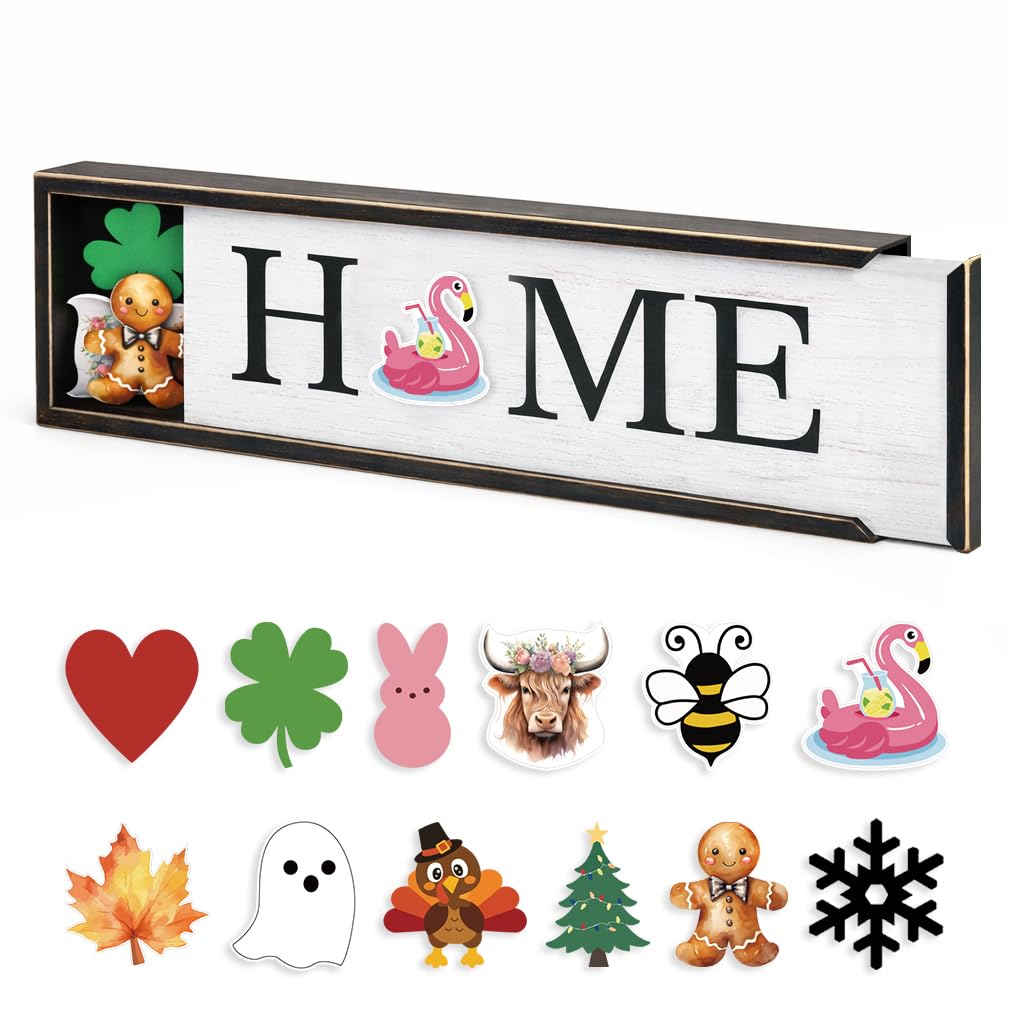 nuvagiki Interchangeable Seasonal Home Sign with 12 Icons, Farmhouse Wooden Table Decor, Rustic Tiered Tray Decorations for Holidays, Spring Summer Fall Christmas Home Decor