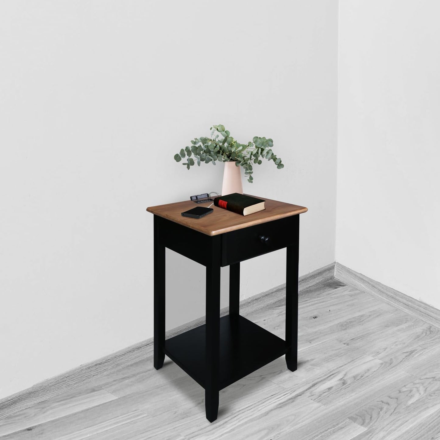 Casual Home Owl Night Stand with USB Port Charging Station and Drawer, 17.5" W x 14.25" D x 24.5" H, Natural Gray