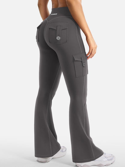 YEOREO CoreFlex Women Workout Flare Leggings with Pockets Hidden Scrunch High Waisted Cargo Gym Yoga No Front Seam Leggings Dark Grey XS