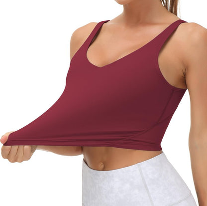 Women’s Longline Sports Bra Wirefree Padded Medium Support Yoga Bras Gym Running Workout Tank Tops Wine Red