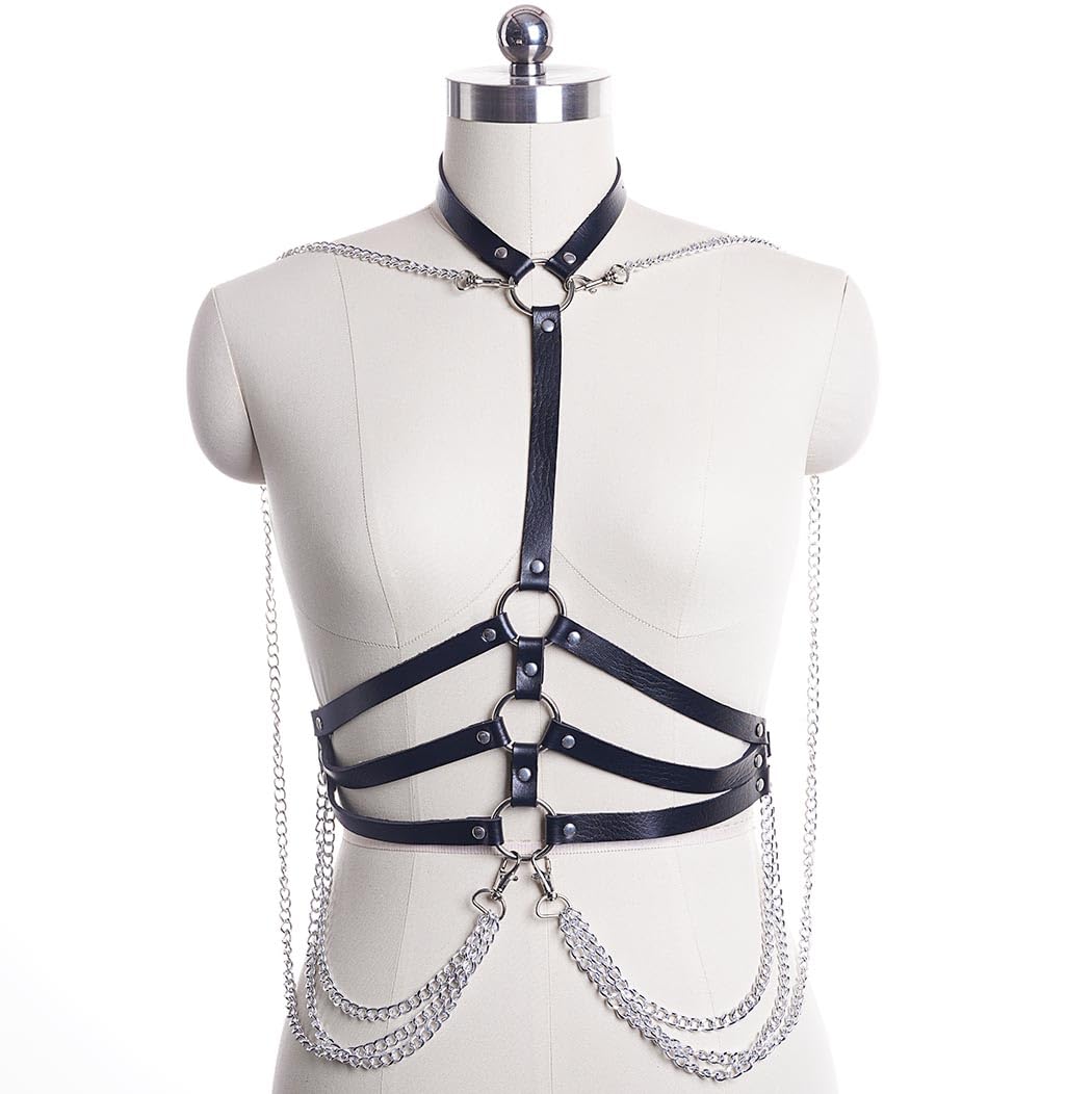 Kesvb Goth Harness Black Chest Chain Leather Harness for Women