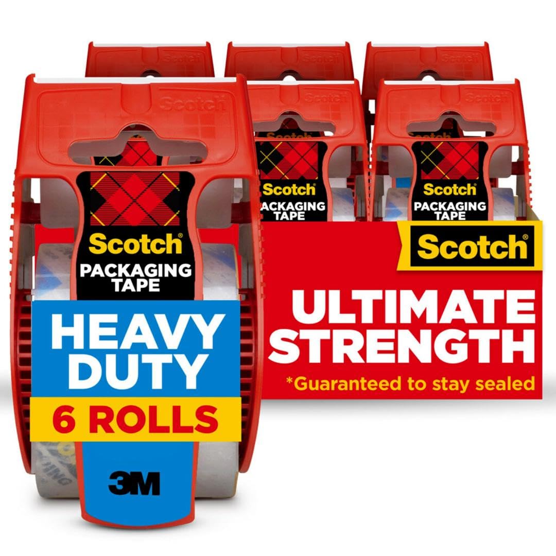 Scotch Heavy Duty Shipping Packaging Tape, 6 Rolls with Dispenser, 1.88" x 22.2 yd, 1.5" Core, Great for Packing, Shipping & Moving, Clear (142-6)