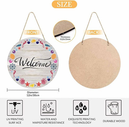 Welcome Front Door Sign Decor Nautical Marine Shell Pattern 12in Wooden Sign Suitable for Home/Wall/Porch Decoration