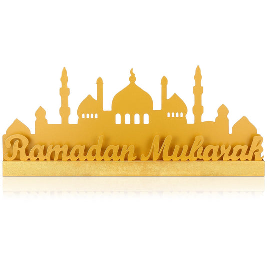 13.78 Inch Metal Ramadan Table Sign Ramadan Mubarak Letter Sign Eid Decorations for Home Muslim Golden Palace Islamic Table Centerpiece for Islamic Home Office Kitchen Party Decor Gifts