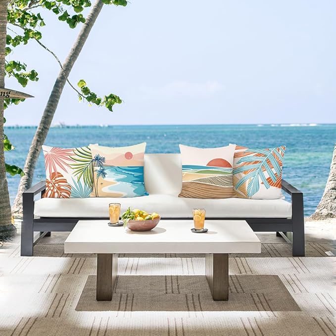 Bonhause Modern Tropical Summer Pillow Covers 18x18 Inch Set of 4 Palm Leaves Beach Decorative Pillows Case Soft Velvet Tropical Outdoor Decoration for Patio Garden Bed Home Decor