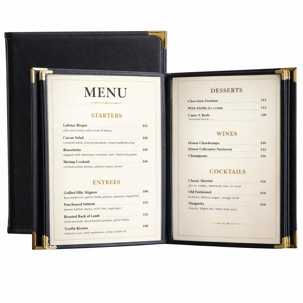 Restaurant Menu Covers 8.5×11 – 8 Page 16 View Menu Sleeve, Premium Black Faux Leather, Waterproof Durable Menu Holder for Bar Cafe Hotel, 2 Pack