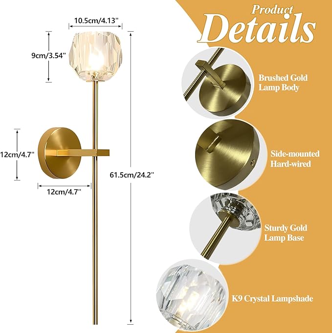 BOKT 1-Light Antique Brass Wall Sconce Lighting Fixture Modern Clear Crystal Ball Wall Sconce Lamp Brushed Gold Long Metal Wall Light Hardwired Bathroom Vanity Light Fixture