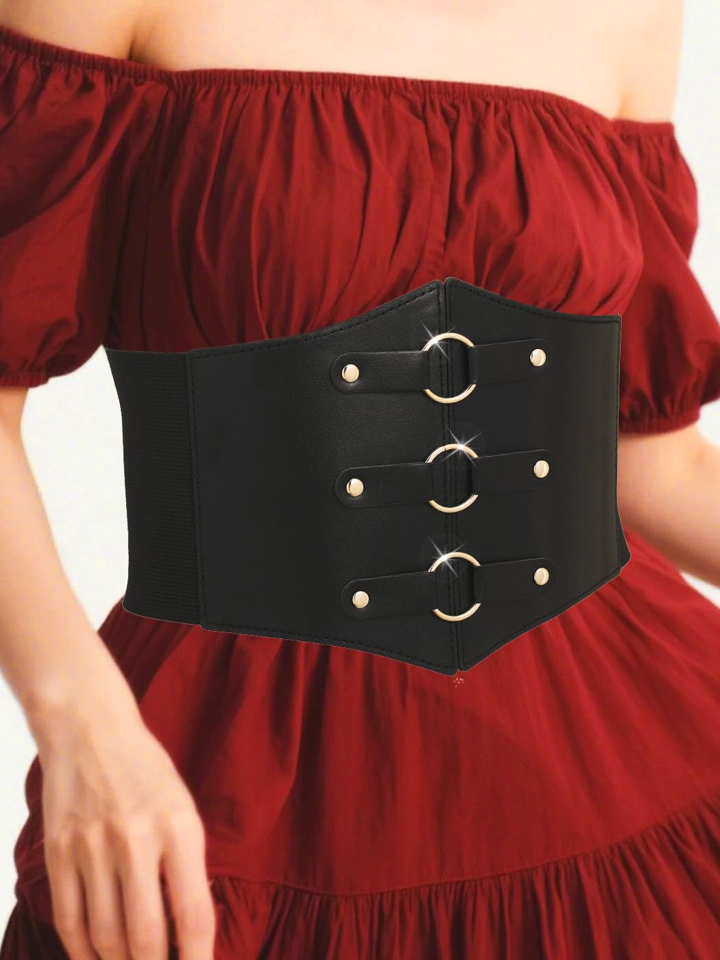 Urieo O-ring Black Corset Belt Leather Elastic Waist Cincher Belts Wide Stretch Halloween Costume Dresses Waspie Belt for Women