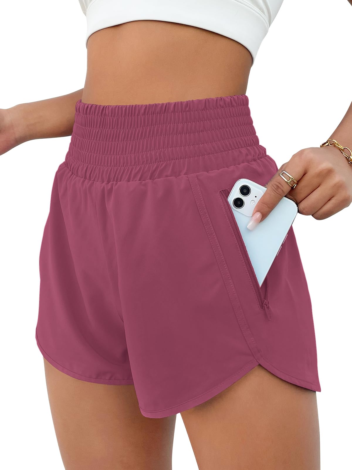 BMJL Women's Athletic Shorts High Waisted Running Short Pocket 2.5" Sporty Shorts Gym Elastic Workout Shorts(XS,Bean Paste Red)